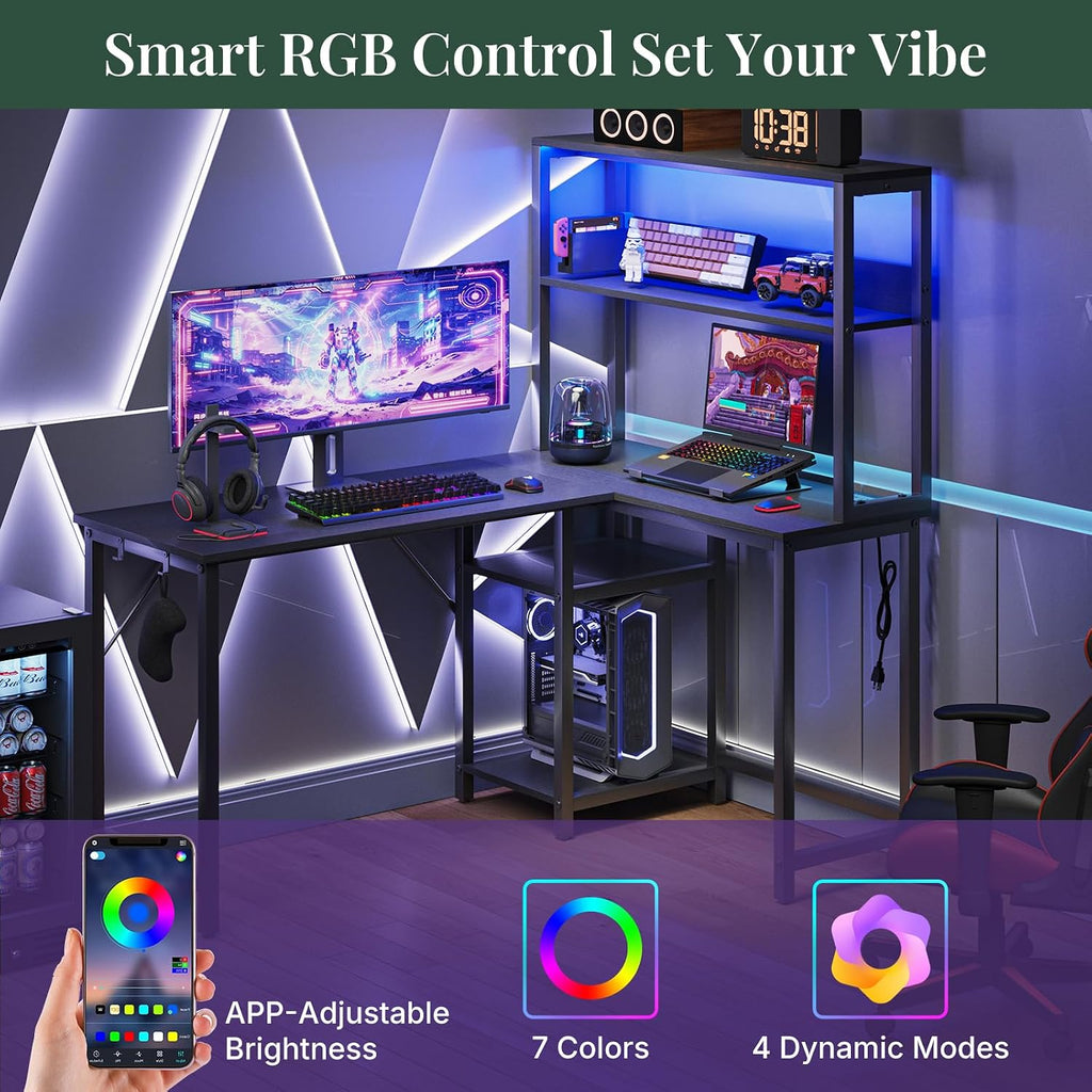 53" L Shaped Gaming Desk Reversible Corner Desk | Computer Desk with Power Outlet, Writing Table with LED Lights