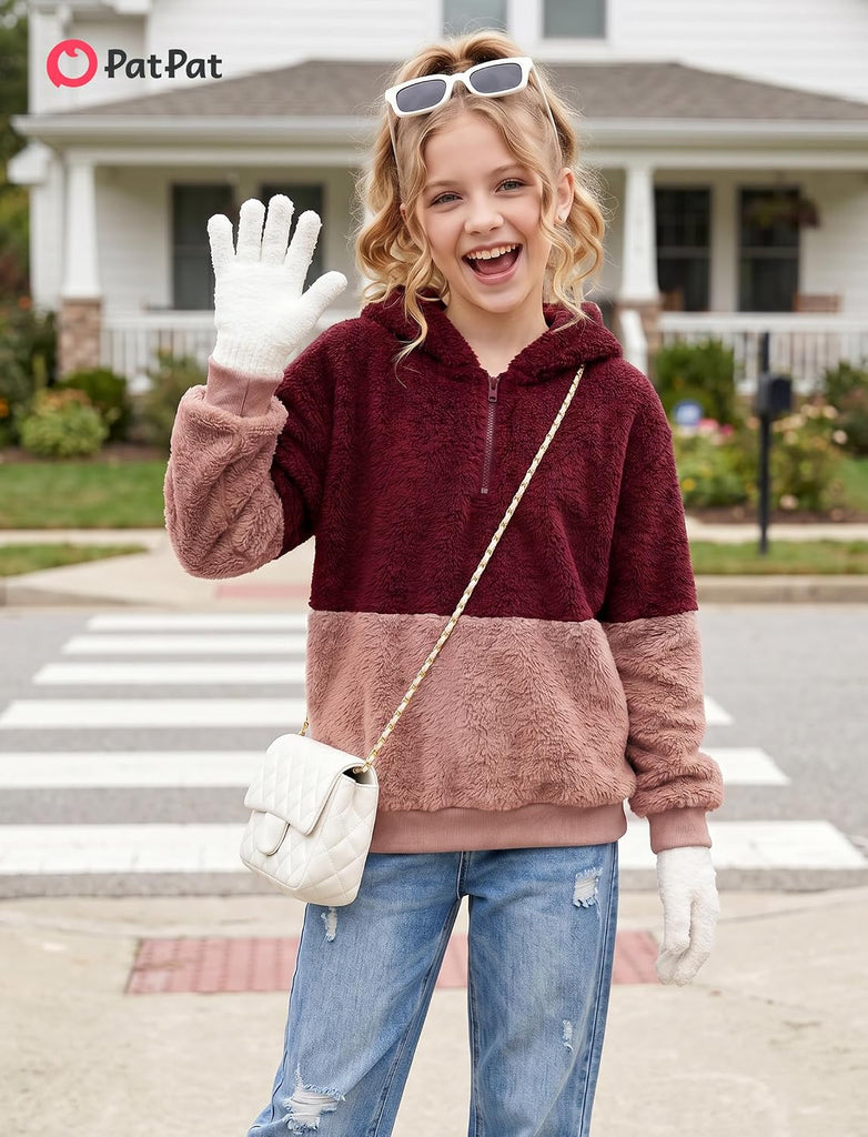 Girls Fuzzy Hoodie Quarter Zip Sweatshirt