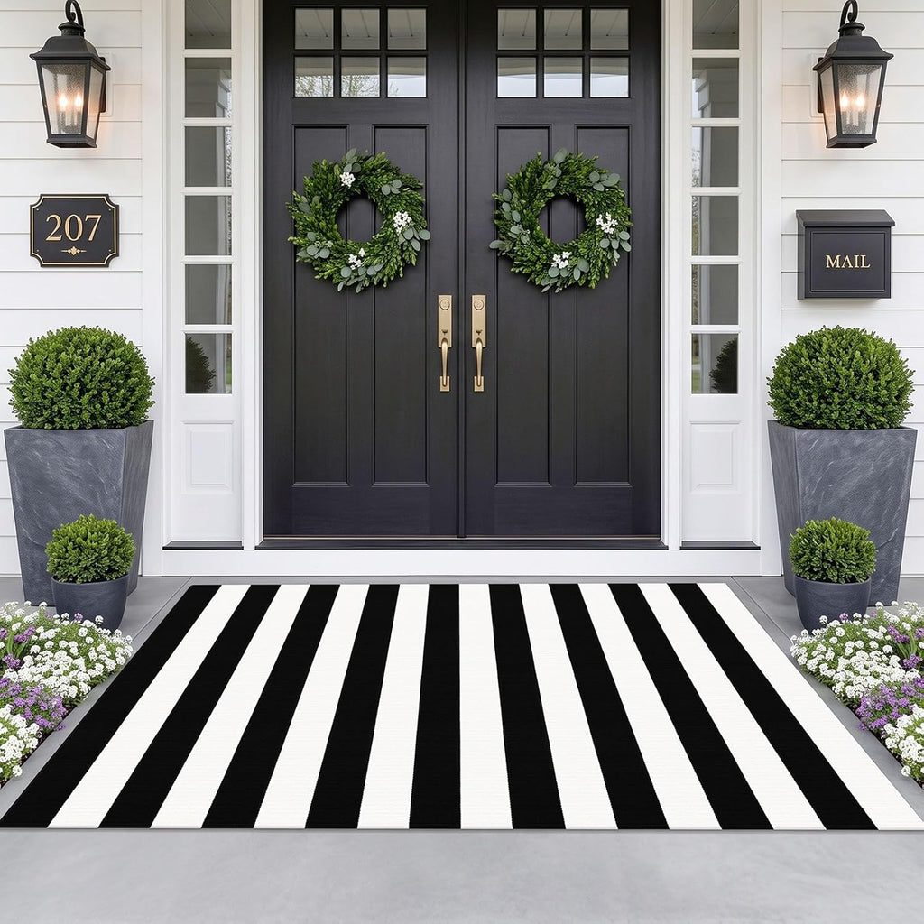Black and White Striped Rug Woven Washable Front Door Rug
