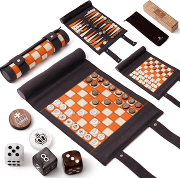 3 in 1 Travel Chess Checkers Backgammon Set, Roll-up Leather Backgammon Game Set with 32 Pearl Textured Pieces and 5