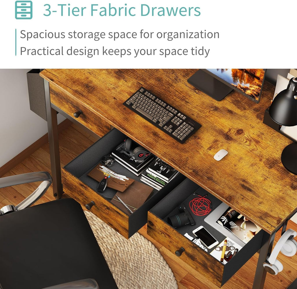 40 Inch Desk with Drawers - 39 Inch Home Office Desks with 3 Fabric Storage Drawer and Pocket, Study Writing Table