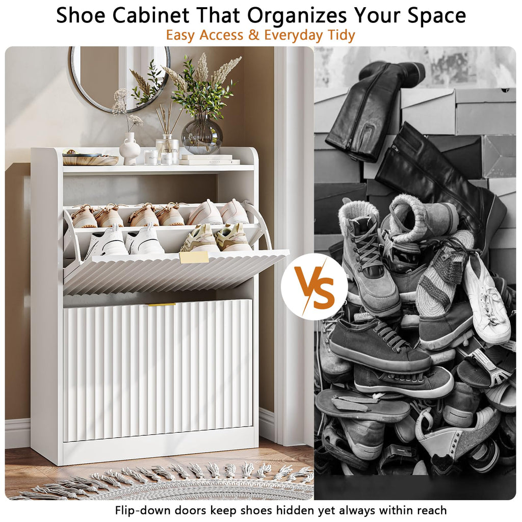 White Fluted Slim Shoe Cabinet Storage with 2 Flip Drawers