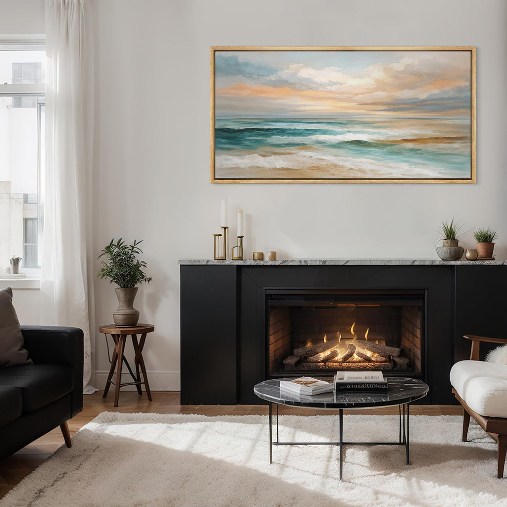 Extra Large Framed Canvas Print Wall Art Sunset Teal Ocean Wave Coastal Illustrations Decorative Colorful Multicolor