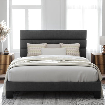 Queen Platform Bed Frame with Fabric Upholstered Headboard and Wooden Slats Support
