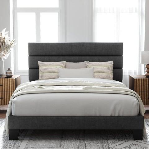 Queen Platform Bed Frame with Fabric Upholstered Headboard and Wooden Slats Support