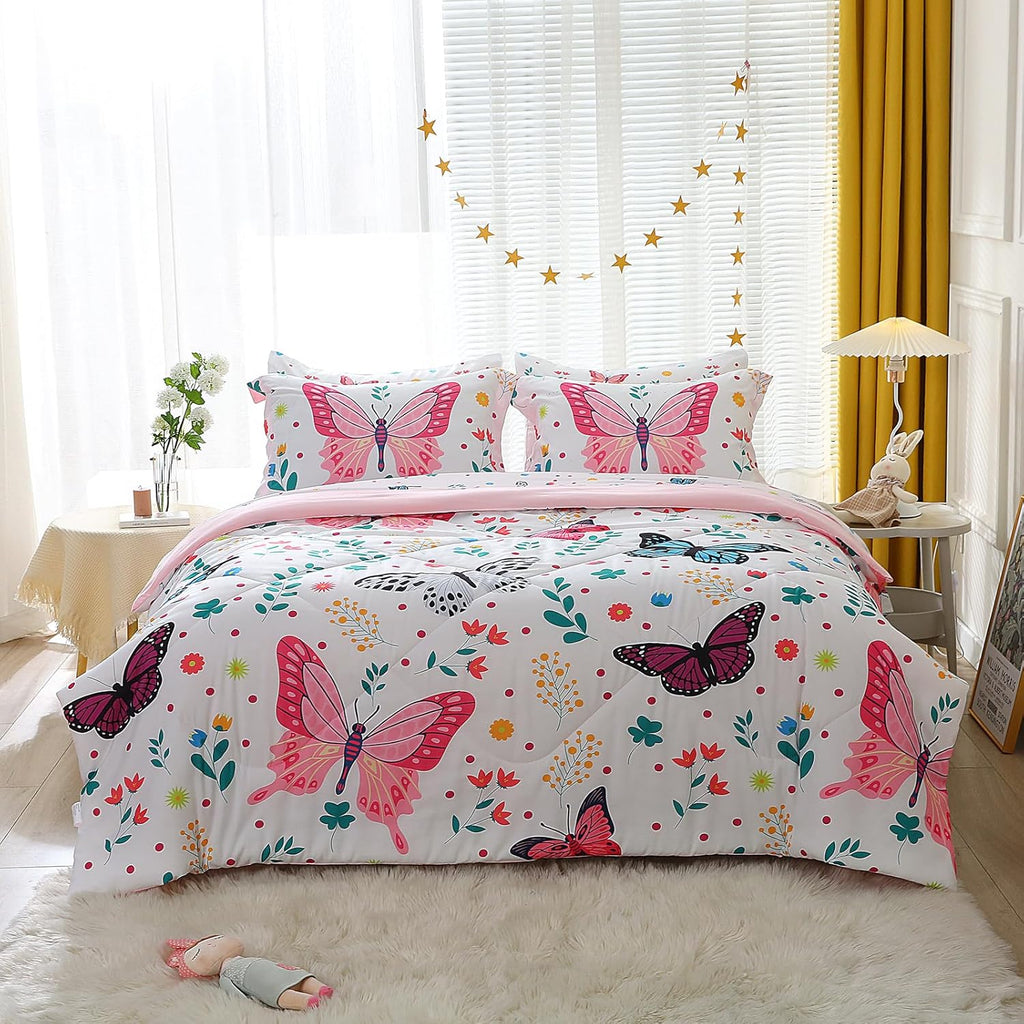 Girls Butterfly Comforter Set Full 7 Piece Bed in A Bag Colorful Flowers Leaves Bedding Set for Kids Teens Super Soft