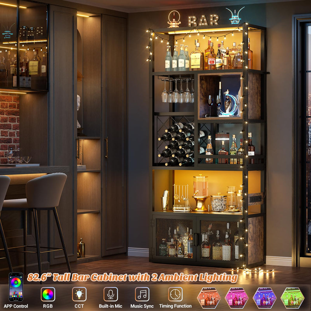 82.6" Tall Bar Cabinet with Power Outlets & LED Lights, Liquor Cabinet Bar, Reversible Coffee Station Wine Cabinet