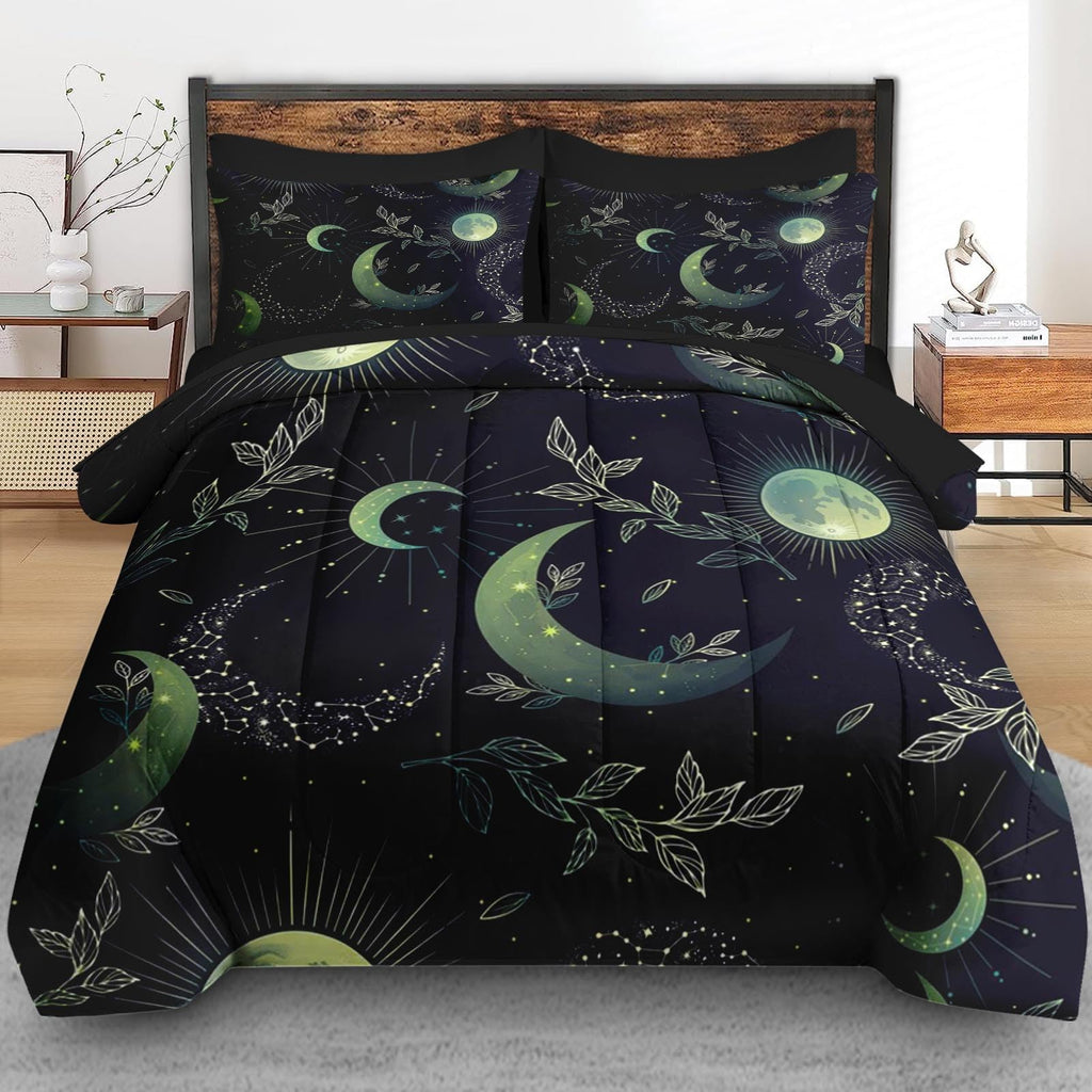 Queen Comforter Set with Sheets, 7 Pieces Witchy Green Boho Bedding
