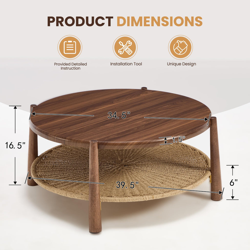 Round Coffee Table with Woven Storage Shelf, Walnut Brown