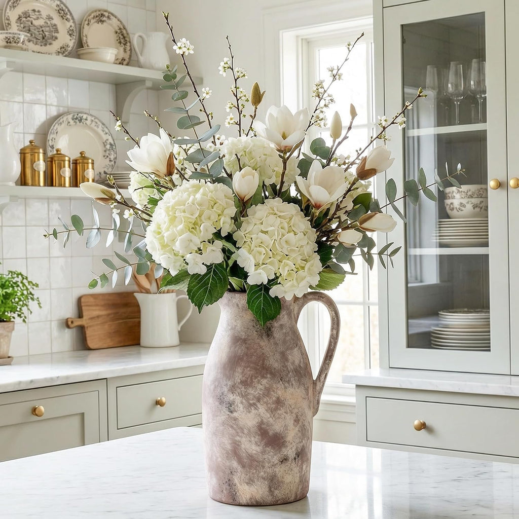 Ceramic Flower Vase with Handles,11" Neutral Tall Clay Terracotta Vases Farmhouse Table Vases with Handle Living Room