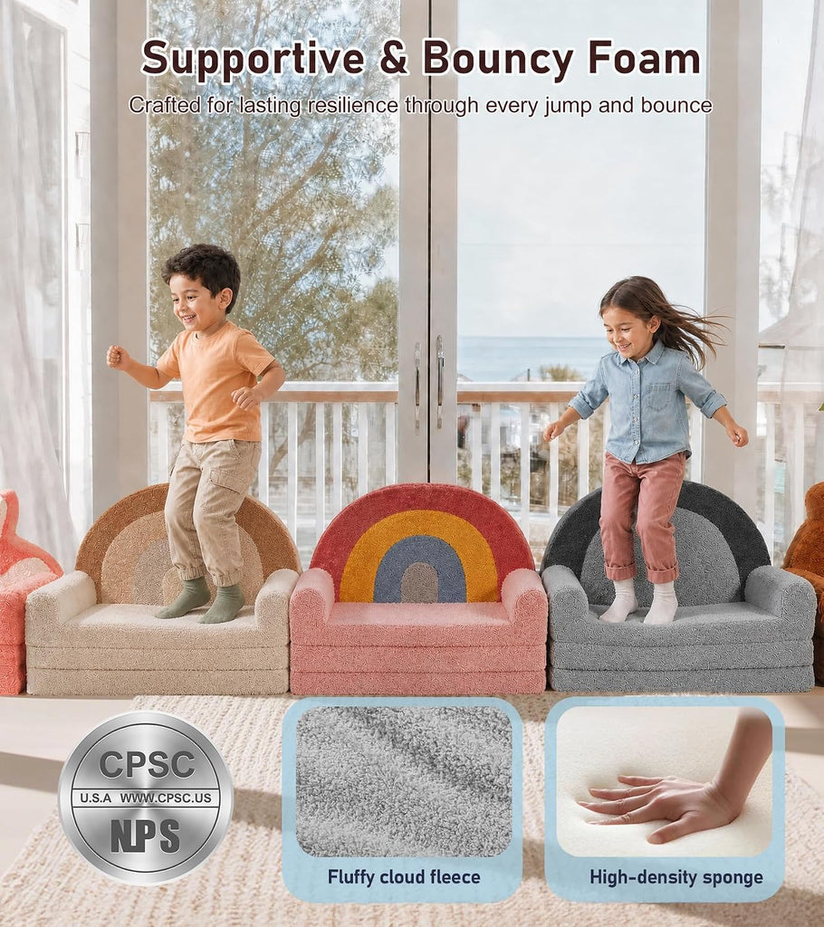 In-1 Extra Large Kids Couch Fold Out, Soft Kid Sofa for Playroom, Gray