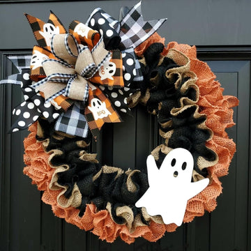Halloween Boo Ghost Wreath, Burlap Wreath with Bows for Front Door, Farmhouse Favors Trick of Treat Props, Halloween