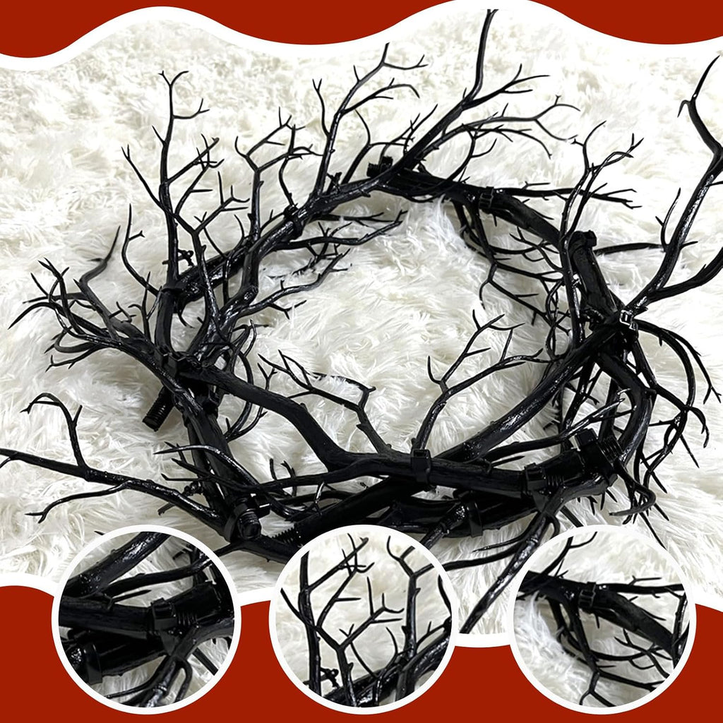 Spooky Halloween Wreath with Red Lights - Glitter Black Branch Handcrafted Decor for Front Door, Indoor/Outdoor Party