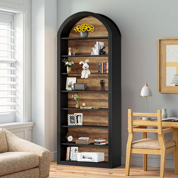 Bookcase Arch Bookshelf Freestanding 8 Tier Tall Bookshelf Industrial Shelves with Elegant Arched Top, Black