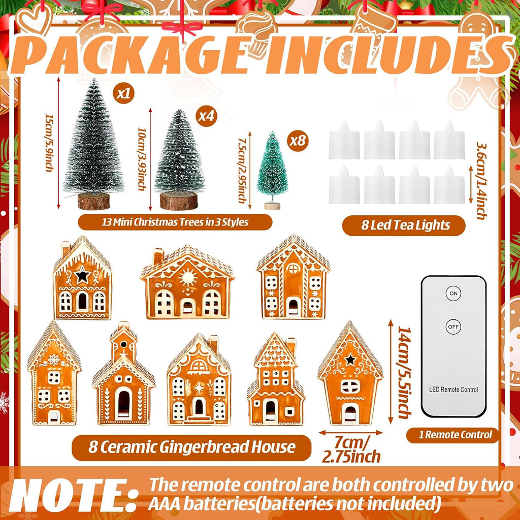 29 PCS LED Gingerbread Christmas Village Sets 8 Lighted Ceramic Gingerbread Village Houses with Remote Control and 13