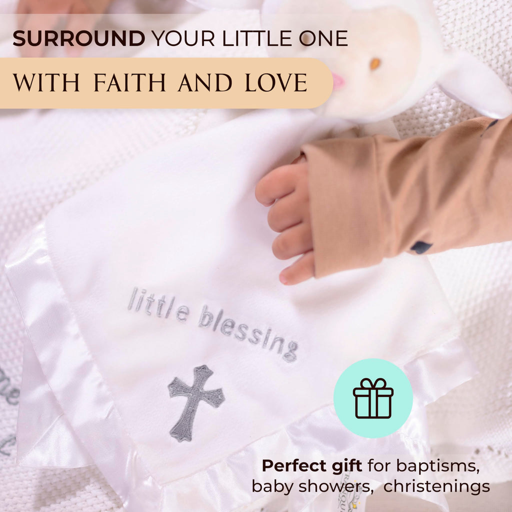 Lamb Lovey, Baptism Gifts for Girl & Boys - Loveys for Babies, Soft Embroidered Baby Blanket with Cross, Baptism