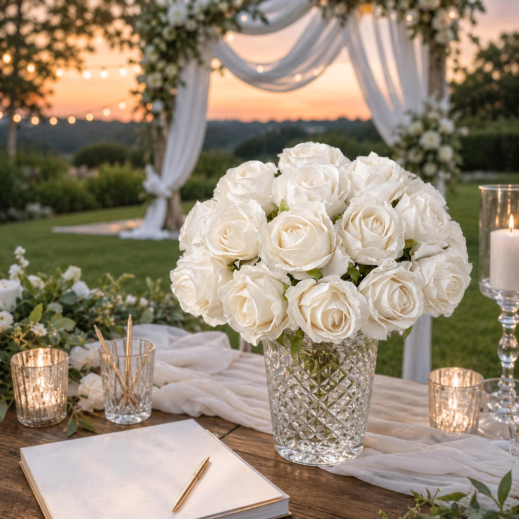 18pcs White Roses Artificial Flowers, Fake Roses Silk Flowers with Stems Realistic Bouquet for Wedding Party DIY