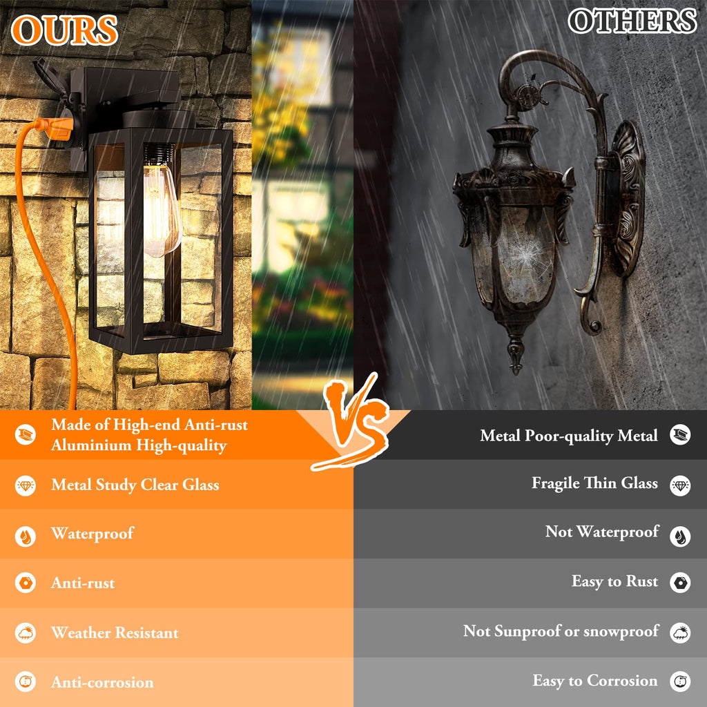2-Pack Porch Lights Outdoor Wall Lantern, Black Outdoor Wall Light with Outlet, Waterproof Anti-Rust Exterior Light
