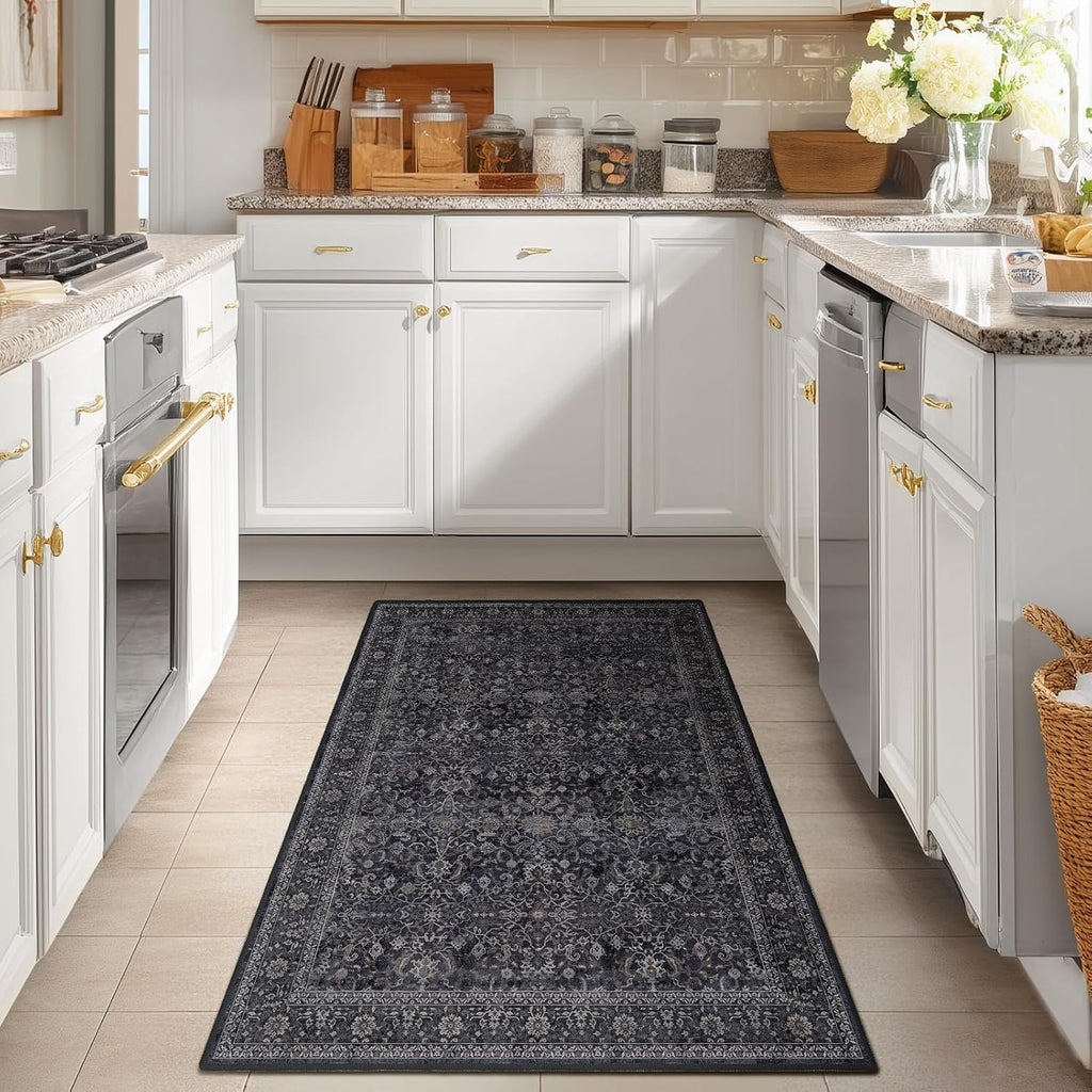 Vintage Dark 3x5 Entryway Rug Indoor Foyer, Earth Tone Farmhouse Throw Rug Bathroom, Machine Washable Non Slip Thin