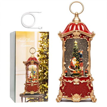 14" Christmas Snow Globe Lantern with Santa Claus - Swirling Glitter LED Light Musical Water Lantern with Rotatable