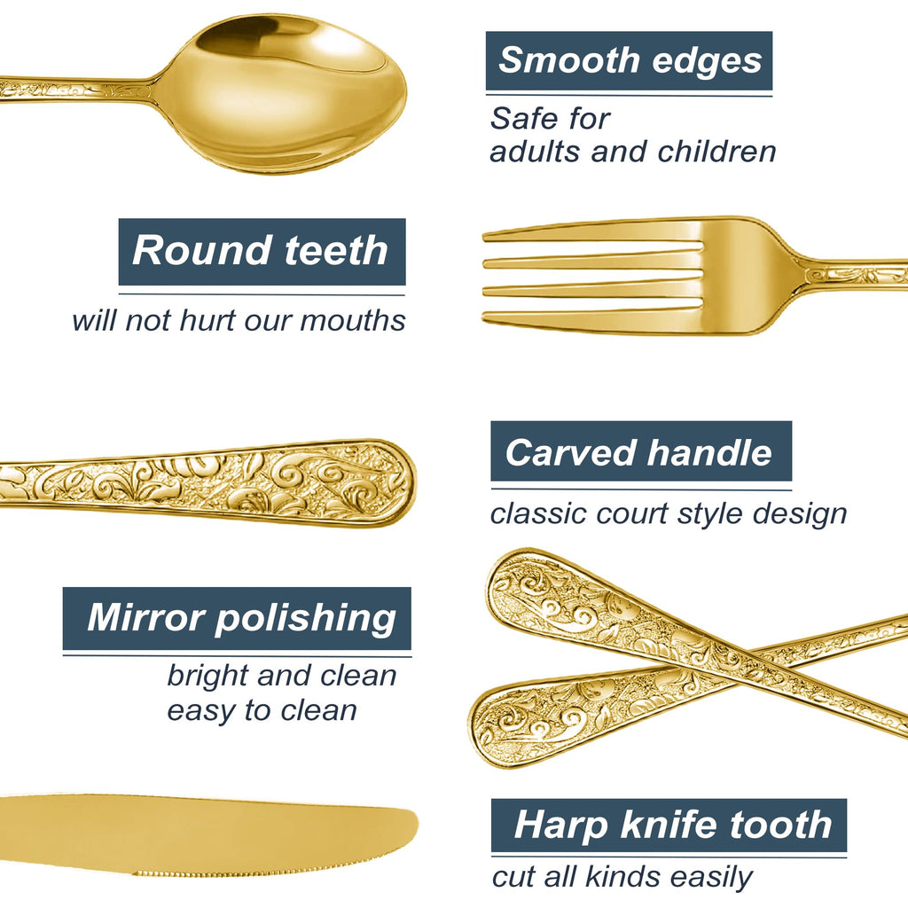 Vintage Carved Gold Stainless Steel 20-Piece Flatware Set