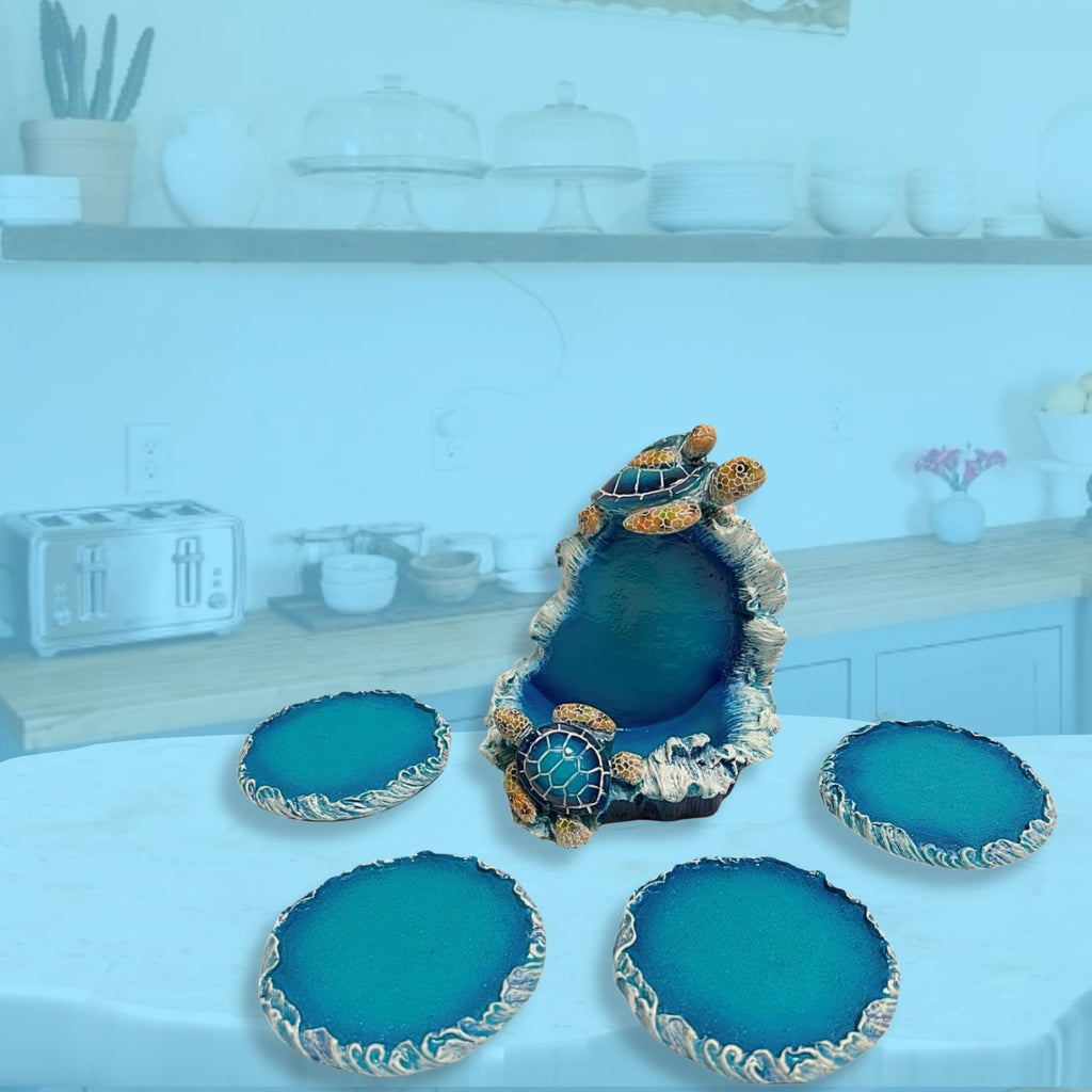 Nautical Coaster Set with Turtle and Ocean Wave Design