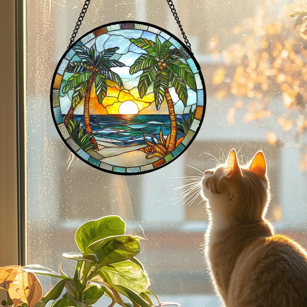 Palm Beach Sunset Stained Glass Window Hanging Suncatcher Gift for Mom 9.8"