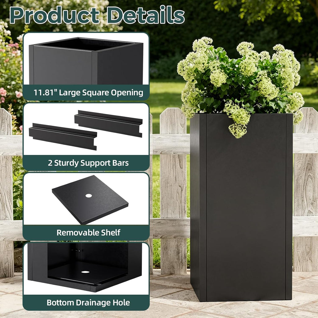 Metal Tall Planters Box Set of 4-24 Modern Tall Square Planter for Outdoor Plants with Removable Insert Shelf, Heavy