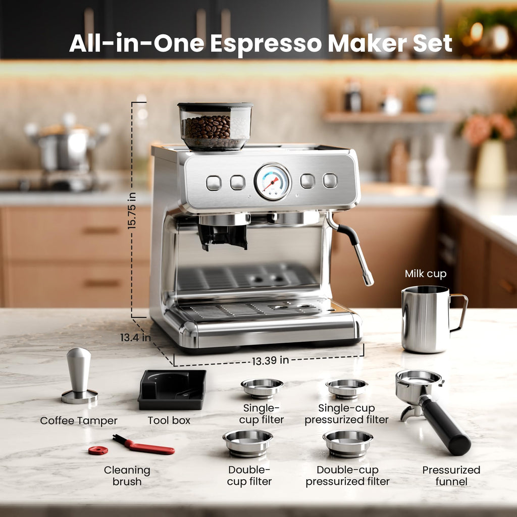 Espresso Machine with Grinder & Milk Frother, 20 Bar, PID control