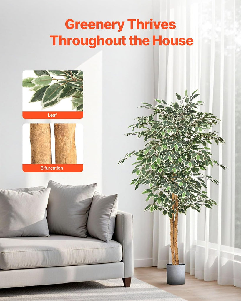 5FT Artificial Ficus Tree with Black Pot, Tall Faux Ficus Plant with Natural Wood Trunk and Realistic Green Leaves