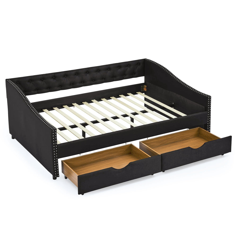 Full Daybed Frame with Two Storage Drawers, Modern Upholstered Button Tufted Day Bed w/Nailhead Trim and Wood Slat