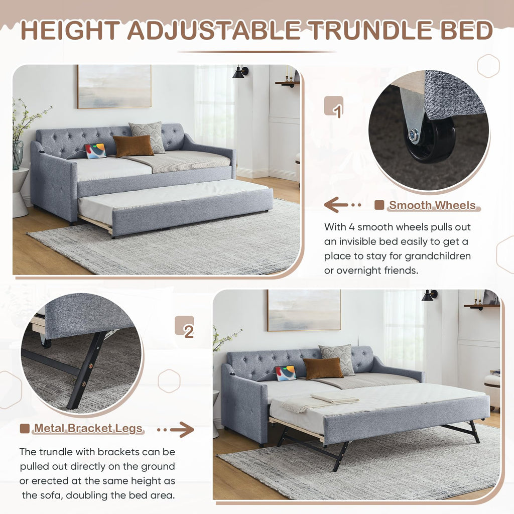 Daybed with Pop Up Trundle, Modern Button Tufted Linen Upholstered Sofa Bed Frame, Twin to King Size Day Bed w/USB &