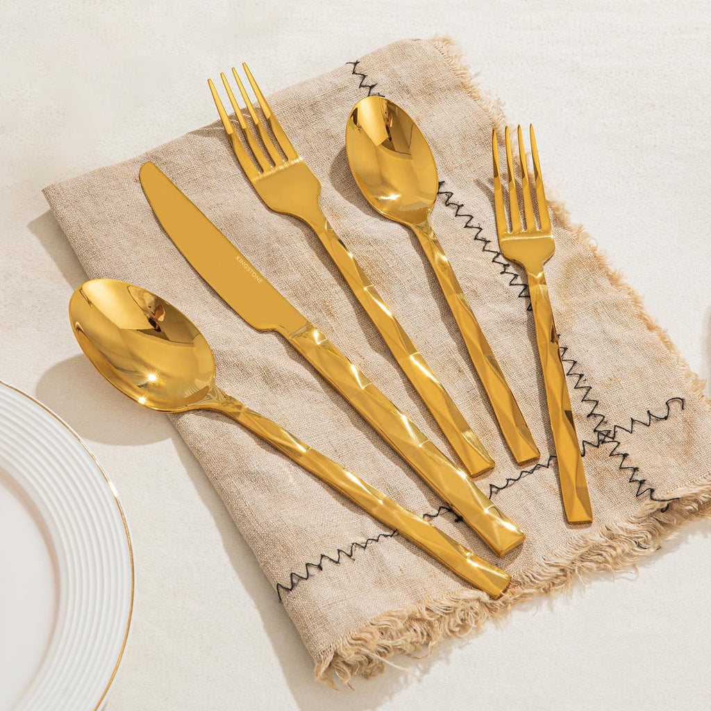 Gold Silverware Set, Luxury 40-Piece Flatware Set for 8, 18/10 Stainless Steel Cutlery Set with Diamond Cut Pattern