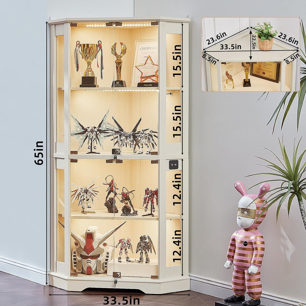 Farmhouse Corner Display Cabinet with Lock, White | Glass Display Cabinet with Doors, 3-Color Motion-Sensor Light &