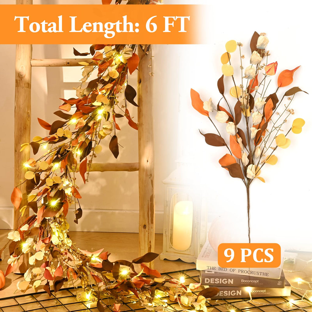 Fall Decor, 6FT Fall Garland with Lights Autumn Eucalyptus Leaves Lighted Garland Thanksgiving Harvest Festival