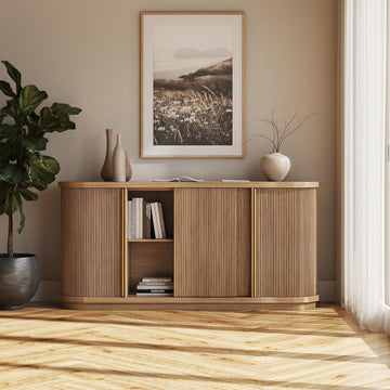 Turin 67" Sideboard Buffet Cabinet-Camel | Modern Style,Fluted Wood Sliding Tambour Door,Oval Curved,Gold