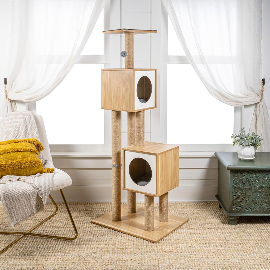 Sawyer 56" 3-Tier Minimalist Jute Cat Tree Condo with Scratching Posts, and Fuzzy Toy, Brown/White