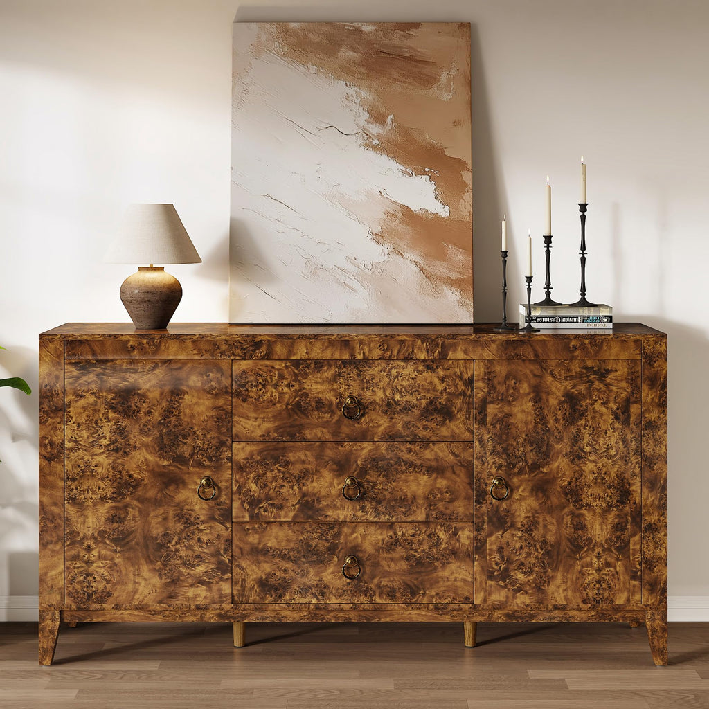 60" High Gloss Burl Buffet Sideboard Storage Cabinet with Drawers