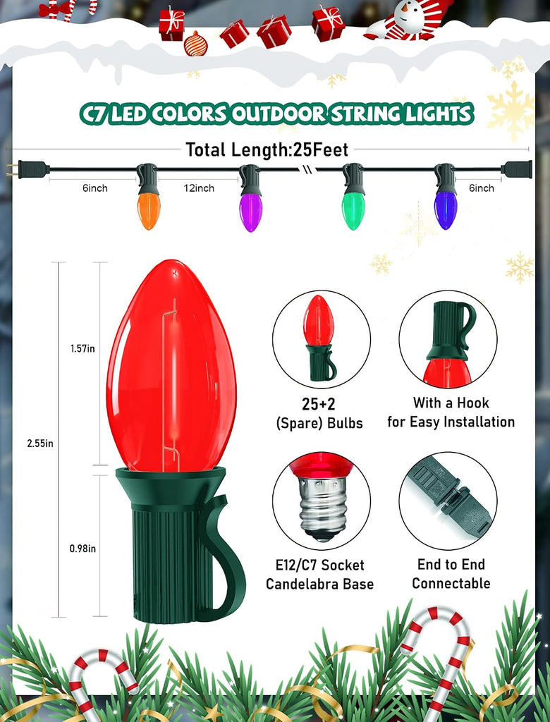 C7 Christmas String Lights 25Ft LED Outdoor Christmas Lights with 27 Clear Multicolor LED Bulbs(2 Spare), Vintage