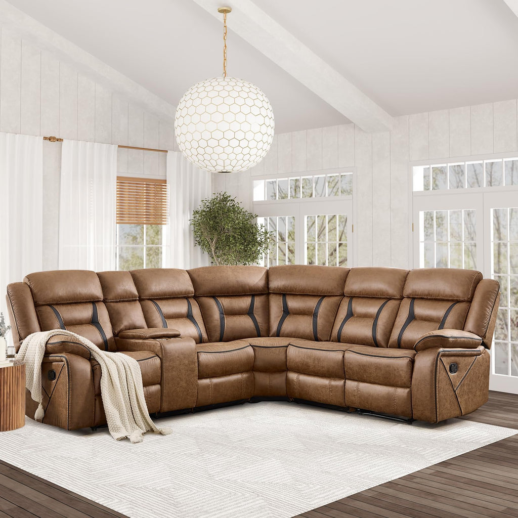 Faux Leather Reclining Sectional Couch, L-Shaped Sectional Corner Manual Recliner Sofa Home Furniture Set with