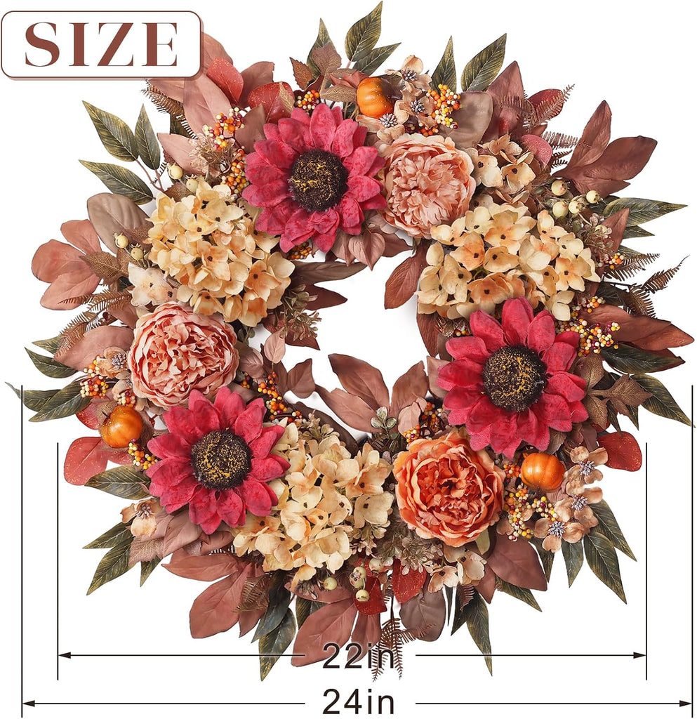 24"Fall Artificial Wreath with Sunflower Peony for Front Door Decor(Orange)