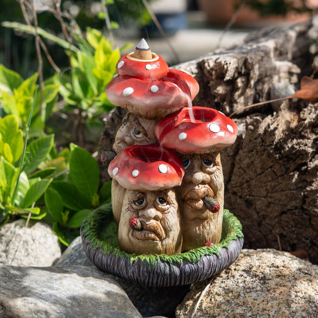 Whimsical Toadstool Mushroom Backflow Incense Burner with Faces, Red and White Polka Dot Design, Garden Gnome Style