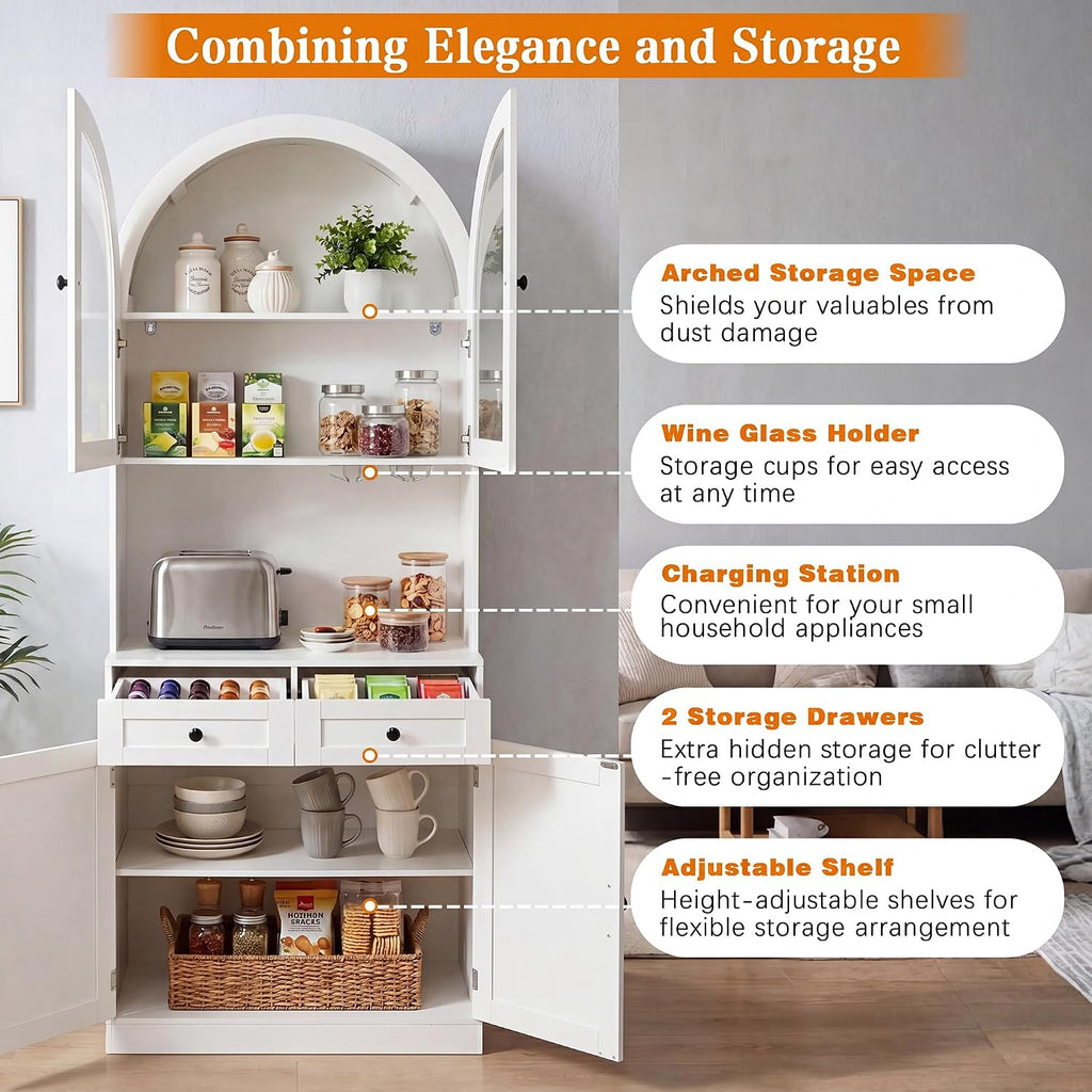 75" Arched Kitchen Pantry Cabinet with Charging Station, White | Coffee Bar Hutch with Adjustable Shelves, 2 Drawers