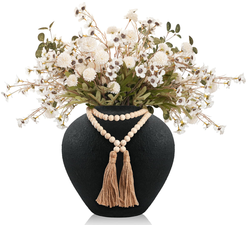 22" H Faux Silk Mums Flower Arrangements in Round Black Vase Home Decor, 22Pcs Fake Mums Eucalyptus Wild Flowers