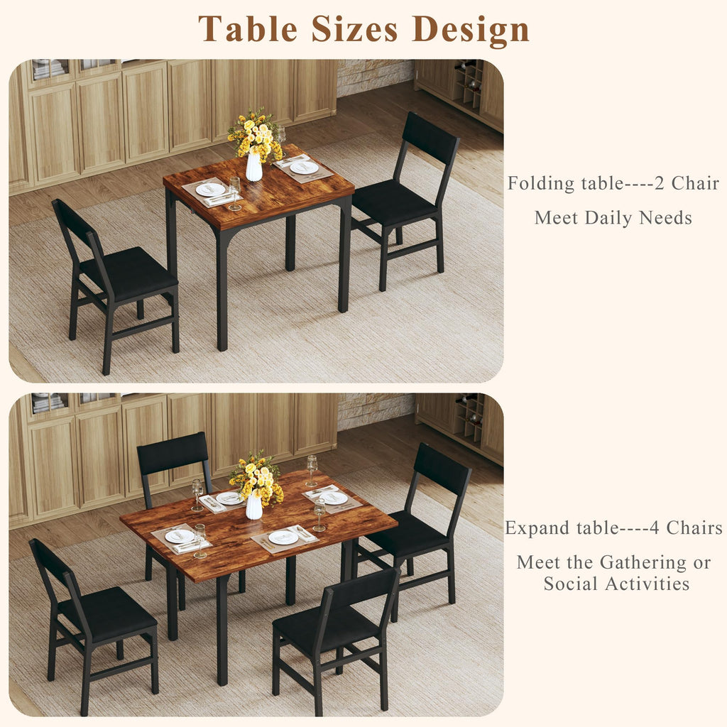 Dining Table Set for 4, Extendable Kitchen Table Cushion Chairs Set of 4, Rectangle Dining Table with Metal Frame &