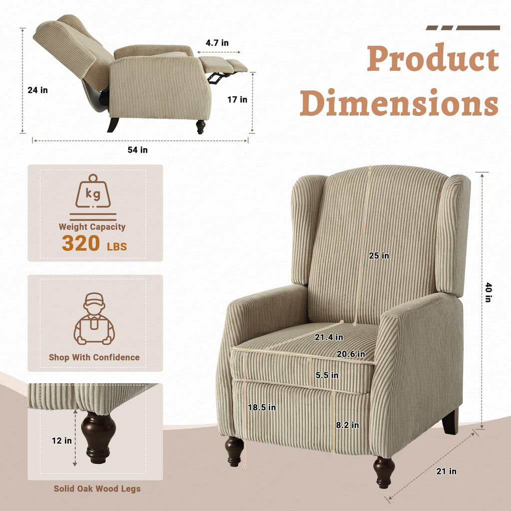 Mid-Century Modern Wingback Push Back Recliner Chair, Khaki 2PCS