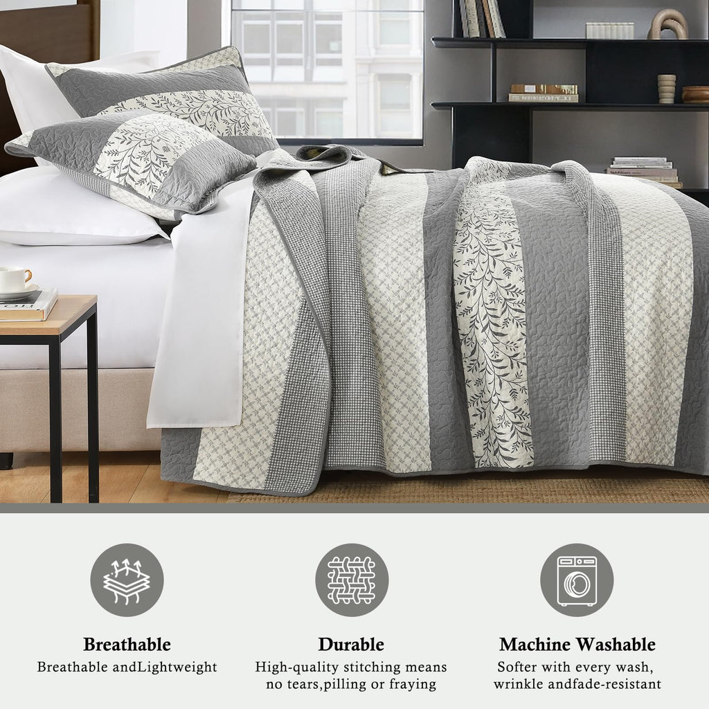 100% Cotton Quilt Set, Cottage Stripe Vine, Grey Cream