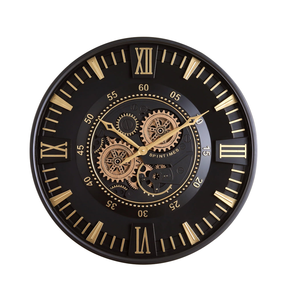 24 Inch Wall Clock with Moving Gears, Modern Black Gold