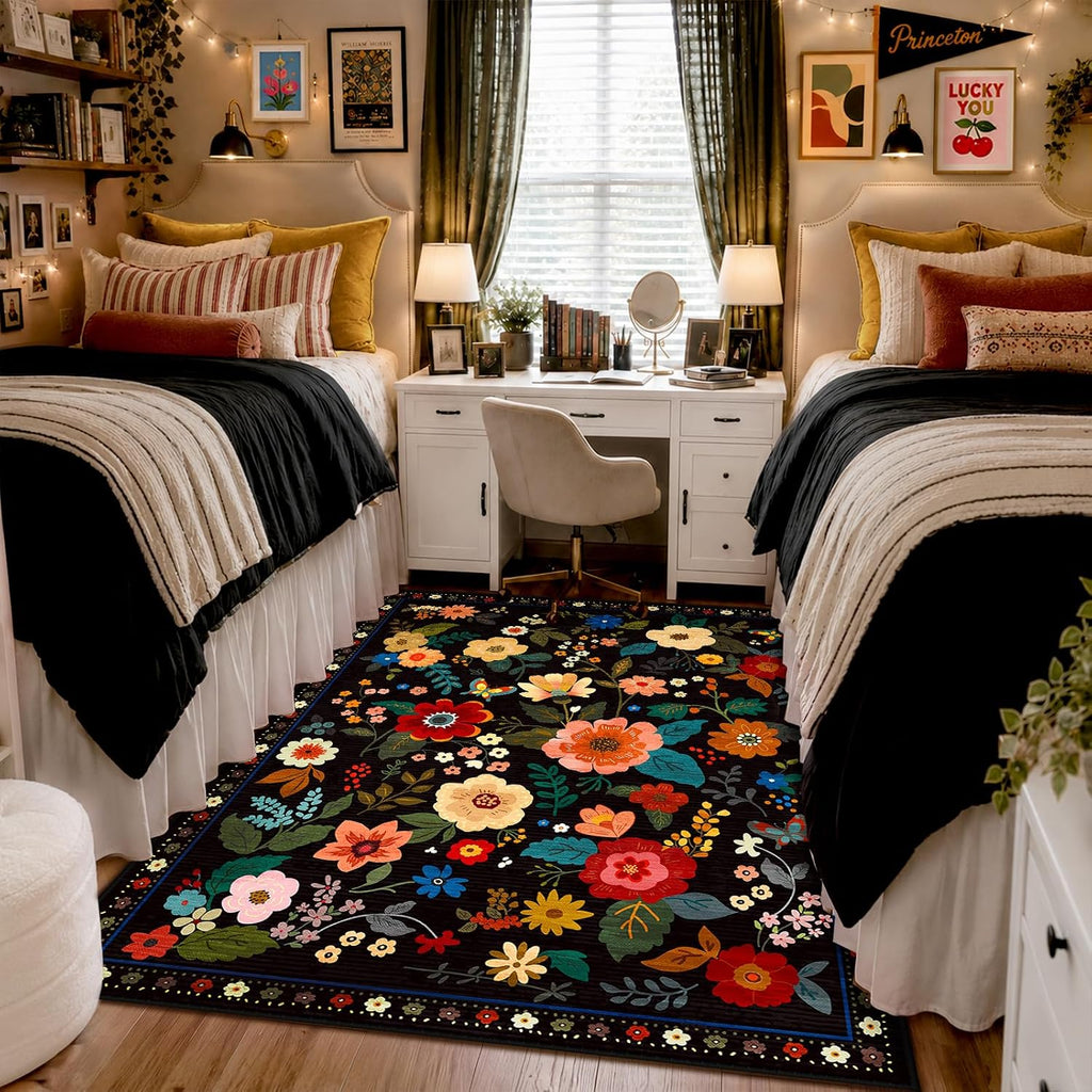 Floral Washable 5x7 Area Rugs Black