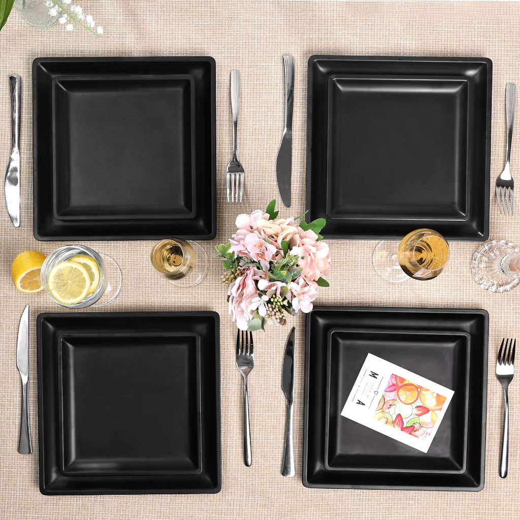12 Piece Melamine Plates and Bowls Sets,Black Square Dinnerware Set for 4